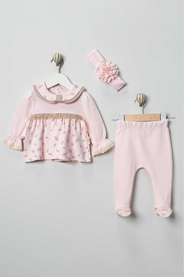 Baby Girls 3 Piece Set – Floral Patterned Blouse, Booties Pants and Headband