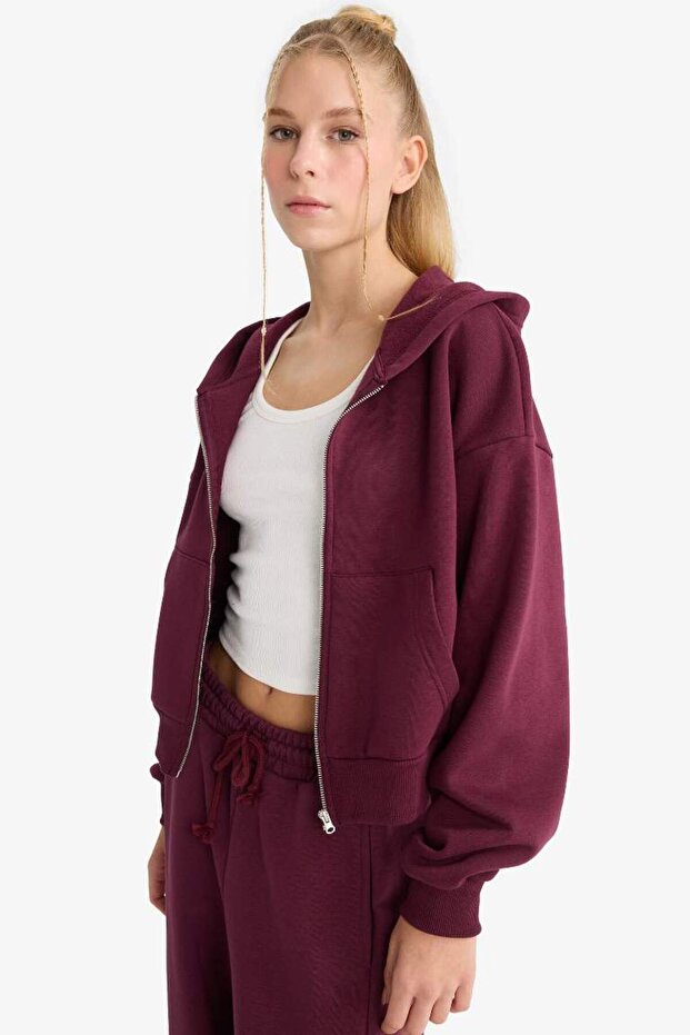 Cropped Fit Hooded Thick Zippered Sweatshirt Z7069Az25Wn