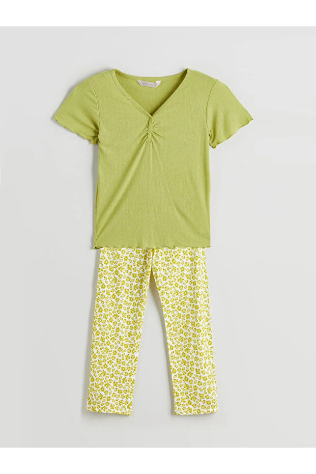 LCW DREAMYeşil V Yaka Çiçekli Kadın Pijama Takımı - 1