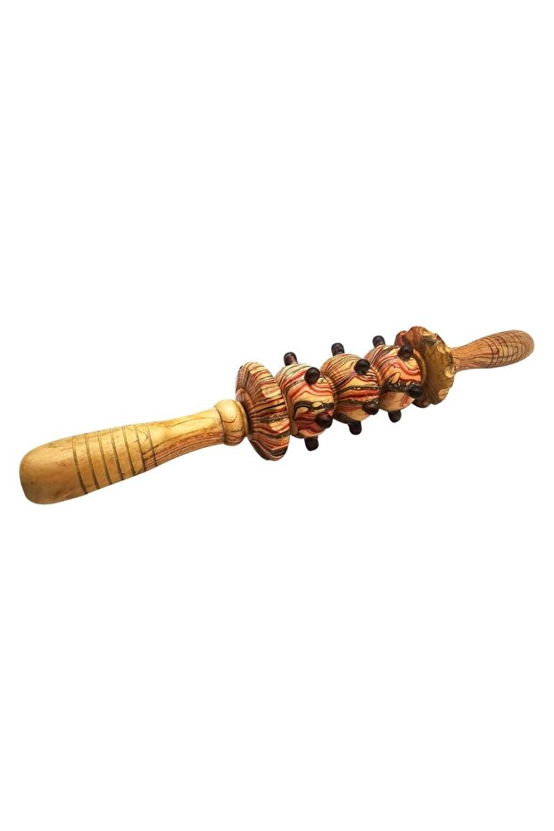 Wooden Massage Roller with Decorative Beads, Traditional Design, Hand-Carved