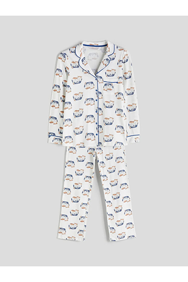 LCW DREAMEkru Gömlek Yaka Baskılı Kadın Pijama Takımı - 1