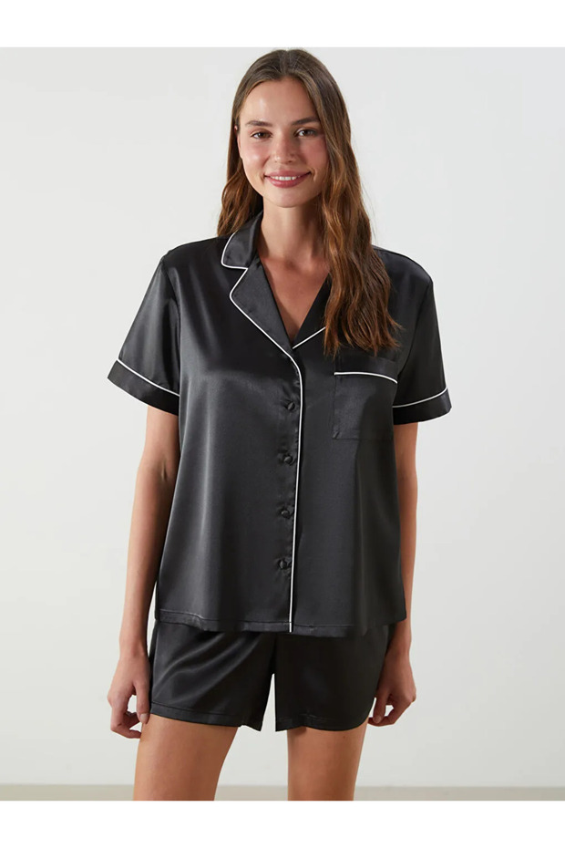 LCW DREAMSiyah Gömlek Yaka Kadın Şortlu Pijama Takımı - 3
