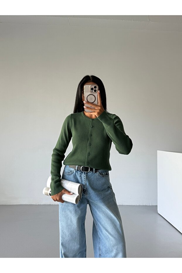 Düğmeli Uzun Kollu Basic Kadın Triko Hırka - 1