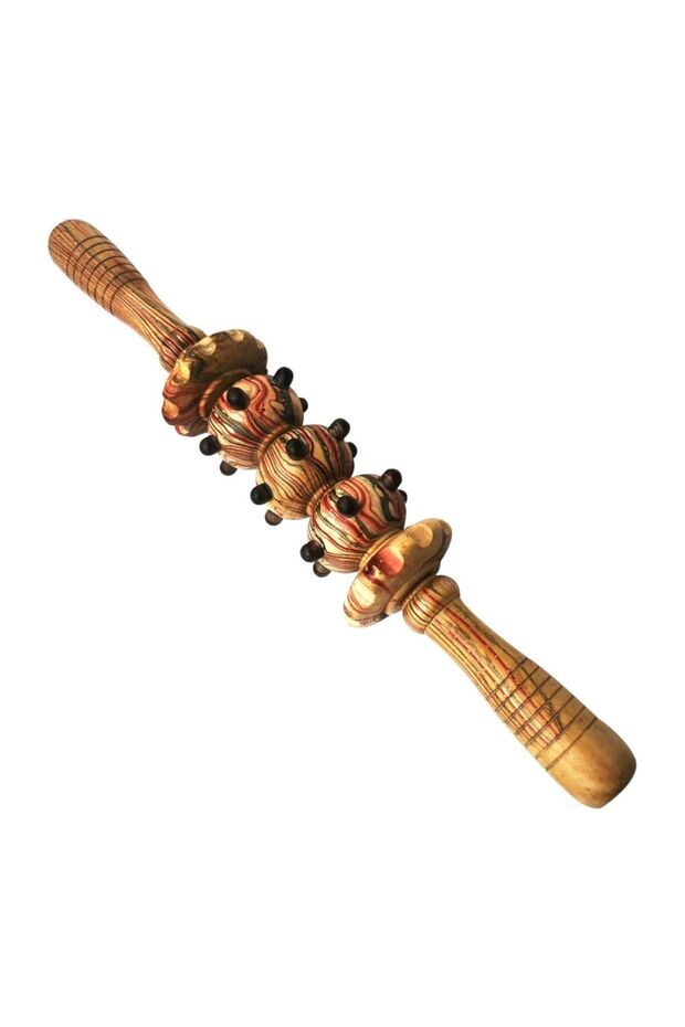 Wooden Massage Roller with Decorative Beads, Traditional Design, Hand-Carved