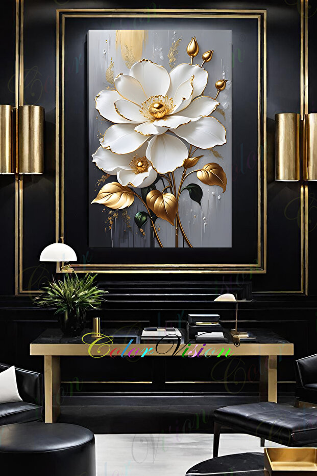 Gold Wighte Flowers Kanvas Tablo - 2