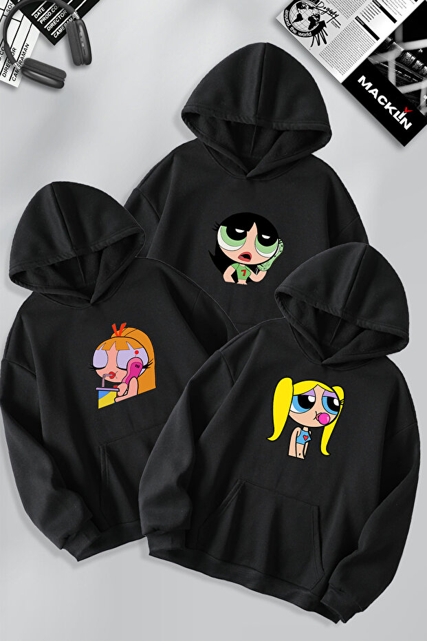 Powerpuff Girls Printed Friend Couple Combination Design 3-Thread Raglan Sweatshirt Hoodie
