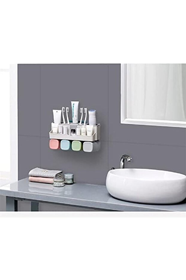 حامل فرشاة أسنان مثبت على الحائط مع موزع معجون أسنان أوتوماتيكي - 3