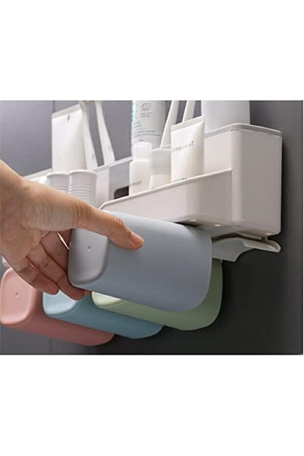 حامل فرشاة أسنان مثبت على الحائط مع موزع معجون أسنان أوتوماتيكي - 5