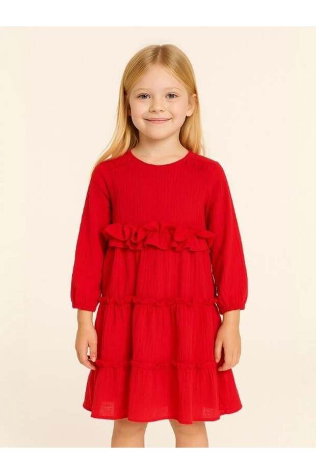 Girl's Cotton Seasonal Lined Ruffled Loose Dress