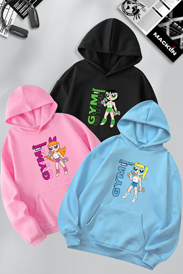 Powerpuff Girls Gym Printed Friend Couple Combination Design 3 Thread Hooded Sweatshirt Hoodie
