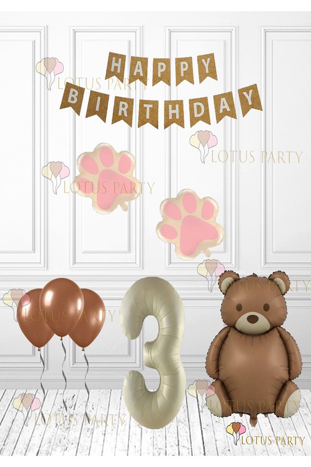 Pink Color Paw - Retro Bear Foil Balloon - Retro Birthday Set - Kraft Happy Writing Age 3
