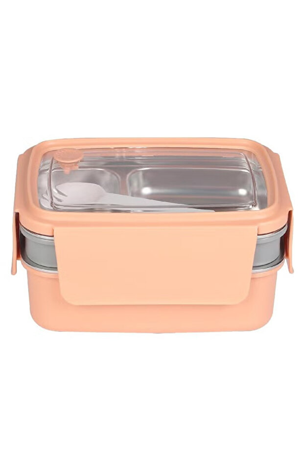 Lunch Box Rectangle – Double Deck with Fork – Peach - 1