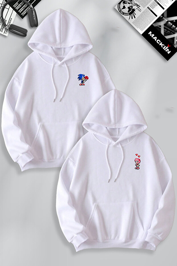 Dear or Friend Couple Combination Sonic Pixel Printed Hooded Sweatshirt 2 Piece Set Hoodie