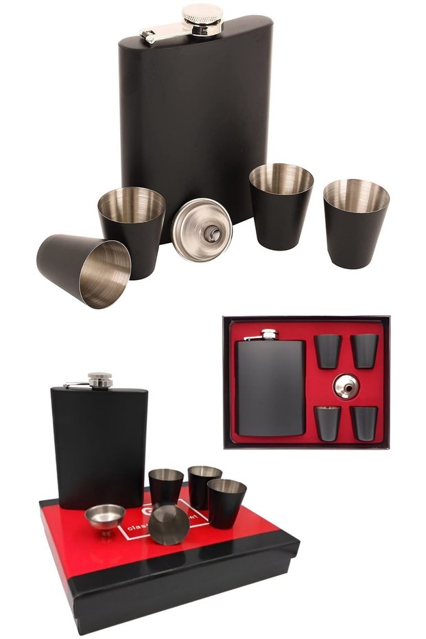Nordic Style Stainless Steel Flask Set with 4 Shot Glasses Gift Boxed Camping Tent Outdoor Set