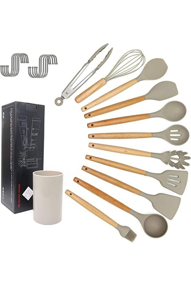 XiuWoo 11-Piece Silicone Wooden Handle Kitchen Utensil Set With Holder and Hanger Hook Multicolour