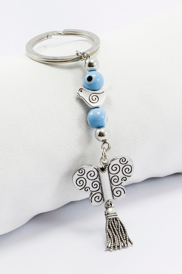 Silver Colored Metal Tassel Blue Evil Eye Beaded Butterfly Keychain, Wreath Keychain