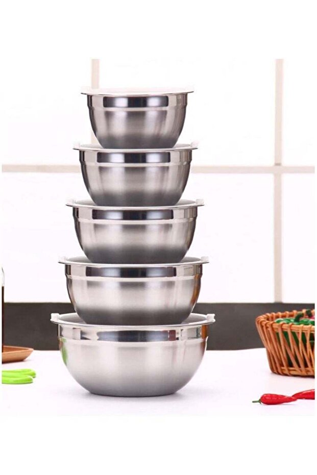 5 Pieces Stainless Steel Mixing Bowl Set with Airtight Lids, Round Silver Bowls for Salad, Dough an