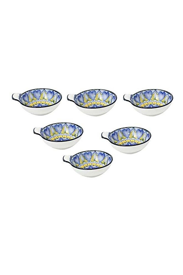 6-Piece Hand-Painted Bowl With Handle Blue/White 11.2x9.5x4cm