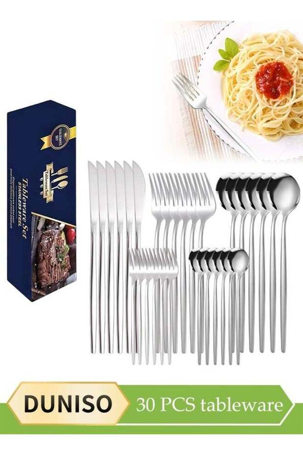 30 Pcs Stainless Steel Cutlery Set, Western Style Kitchen Utensil Set, Mirror Polished Tableware Set, With Knife, Fork, Spoon, Suitable For Family Dining, Kitchen,Gatherings, Silver