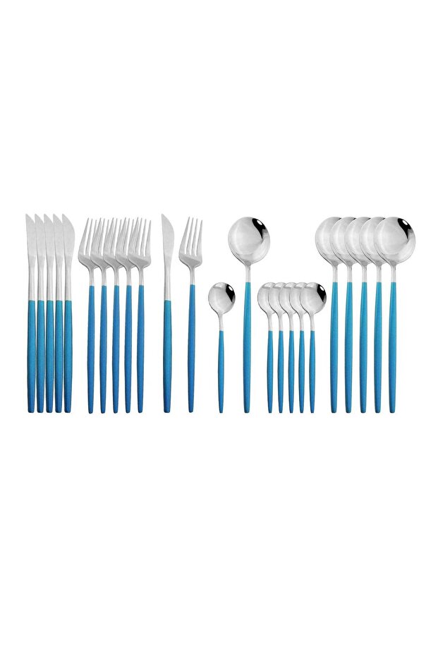 MahMir® Flatware Serving Set 24 Piece, Stainless Steel Silverware Set, Green Gold Cutlery Set, Modern Elegant Tableware Set for Party, Christmas, Dinner (Blue Silver)