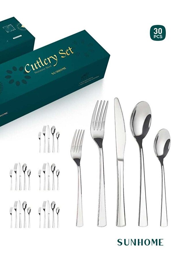 SUNHOME 30-Piece Stainless Steel Cutlery Set Kitchen Utensil Set Western Tableware Suitable For Home Kitchen Restaurant Hotel Party Dining Picnic Dining Exquisite Packaging Gift Silver