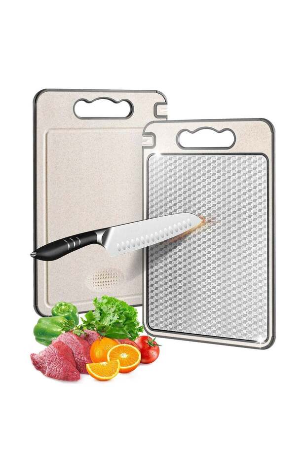 Cutting Board, Chopping Board with Sharpening Block,304 Stainless Steel Cutting Board for Meat,Cheese, Vegetable Fruit with Easy Grip Handle,Wheat straw pp,Non-Slip,Double-Side Using