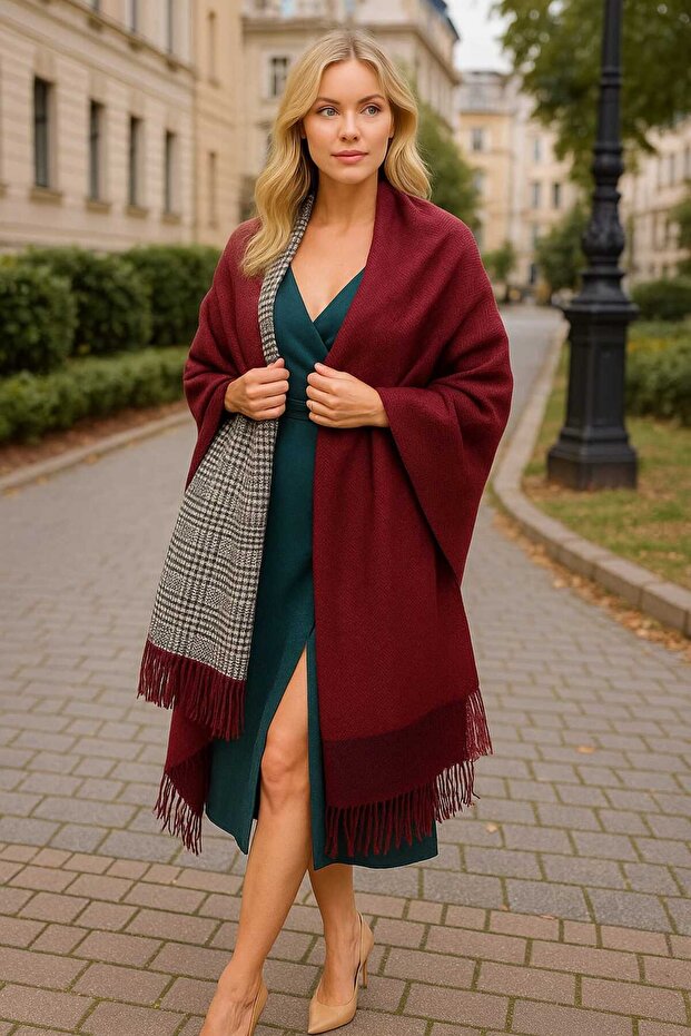 Women's Winter Plaid Wool Shawl - Double-Sided Shoulder Shawl / Oversized Blanket Shawl 70X190Cm - Burgundy