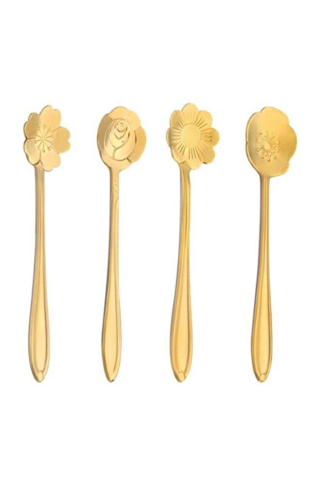 Stainless Steel Spoons Set, 4 Creative Long Spoons, Stainless Steel Cherry Blossom Spoon, Flower Coffee Spoon, Golden Flower Spoon