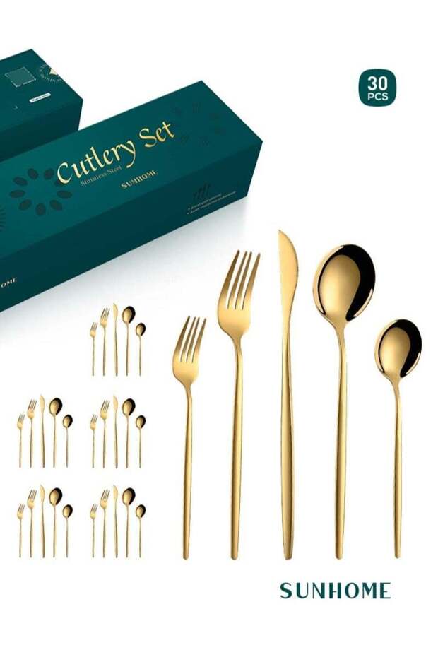SUNHOME 30-Piece Stainless Steel Cutlery Set Kitchen Utensil Set Western Tableware Suitable For Home Kitchen Restaurant Hotel Party Dining Picnic Dining Exquisite Packaging Gift Gold