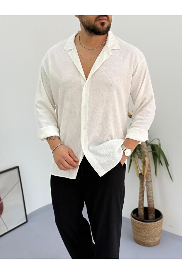 Unisex Long Sleeve Buttoned Wrinkle Crinkle Fabric Shirt