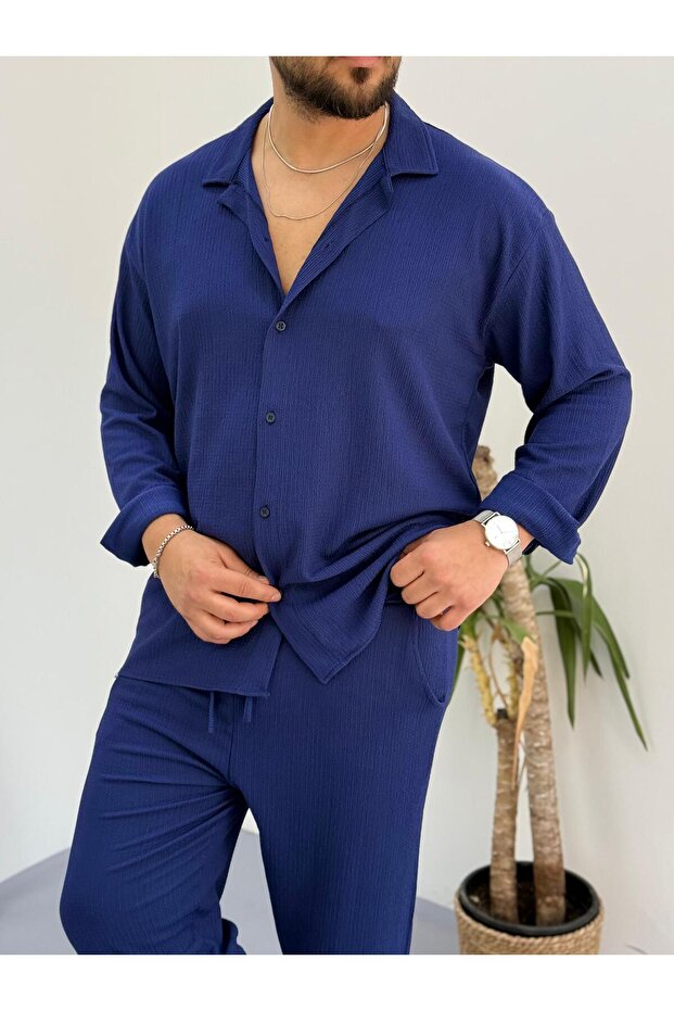 Unisex Long Sleeve Buttoned Wrinkle Crinkle Fabric Shirt