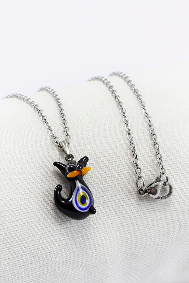 Stainless Steel Chain Evil Eye Glass Tiny Cute Black Kitten Bijoux Necklace, Gift Necklace