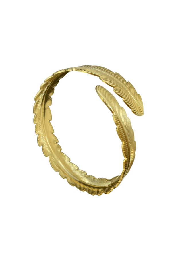 Gold Color Plated Feather Patterned Pazu Bracelet – Women's Bijoux – Adjustable Stylish Accessory