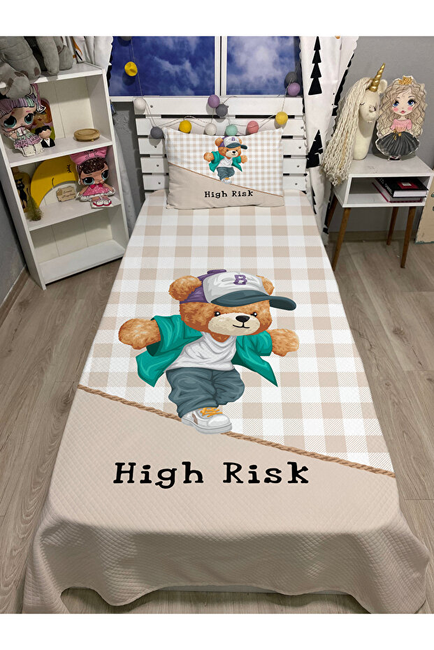 Cute Teddy Bear Patterned Baby Kids Single Pique and Pillowcase Bedspread Set