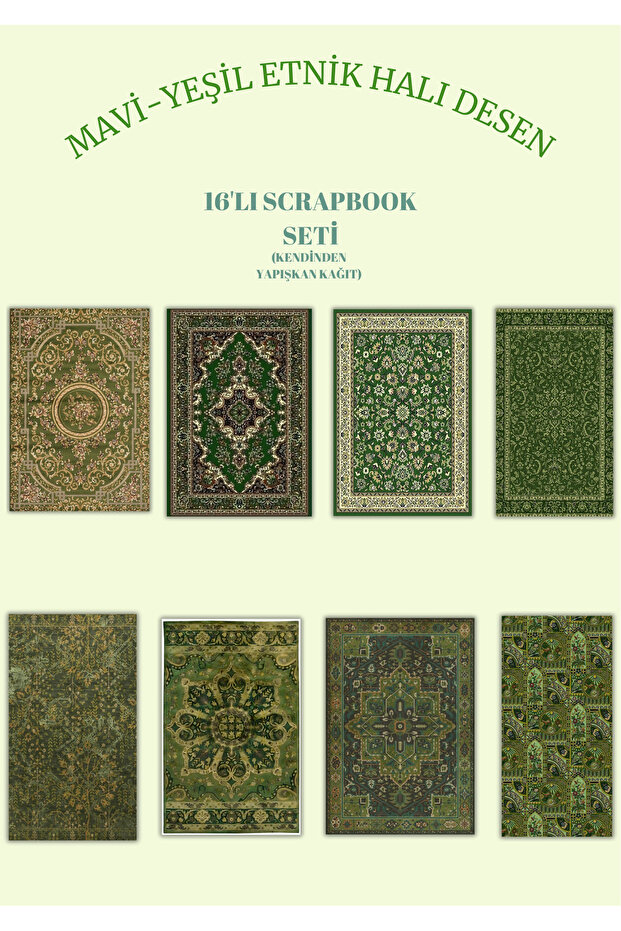 MirayDesign MAVİ-YEŞİL ETNİK HALI DESENLİ OTANTİK 16'LI SCARPBOOK KAĞIT SETİ A5 KENDİNDEN YAPIŞKANLI KAĞIT