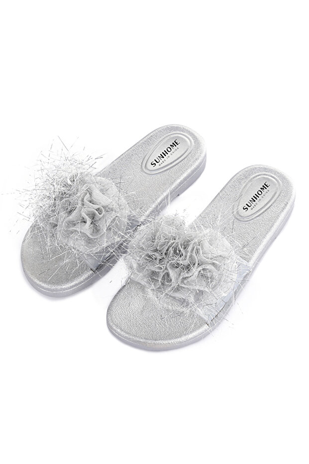 Flower Embellished Flat Sandals Silver
