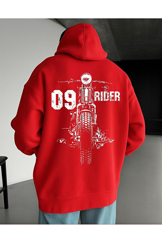 09 سويت شيرت للجنسين بقلنسوة مطبوع عليه دراجة نارية Rider - قماش 3 خيوط