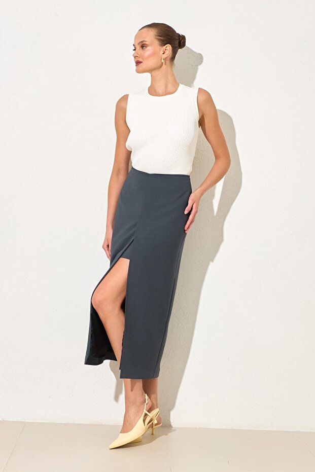 Petrol Midi Skirt with Front Slit Detail