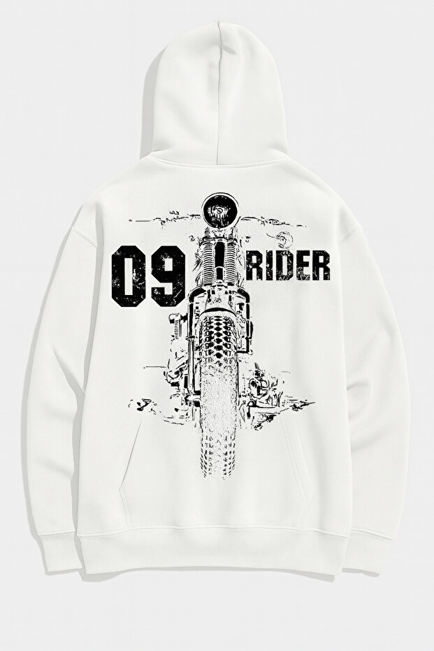 09 سويت شيرت للجنسين بقلنسوة مطبوع عليه دراجة نارية Rider - قماش 3 خيوط
