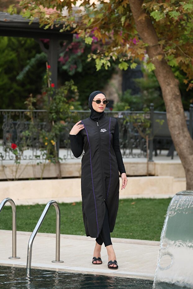 Vera Model Purple Striped Stone Detailed Design Hijab Double Swimsuit Set