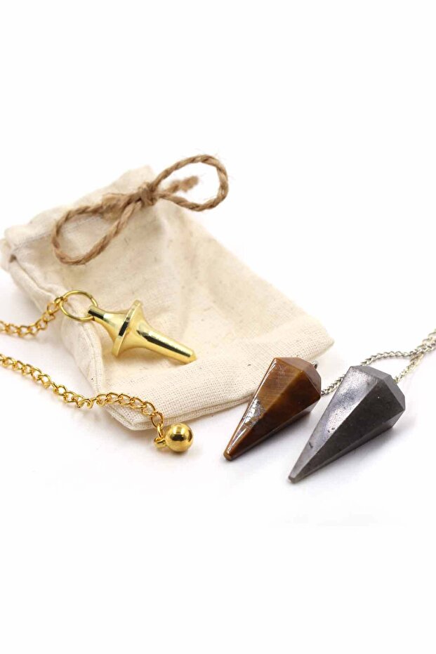 Natural Stone Labradorite Stone-Tiger Eye Stone-Bronze Pandul Pendulum Spinning Top Set of 3
