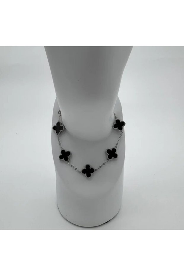 Steel Silver Black Clover Detail Trend Bracelet - Silver