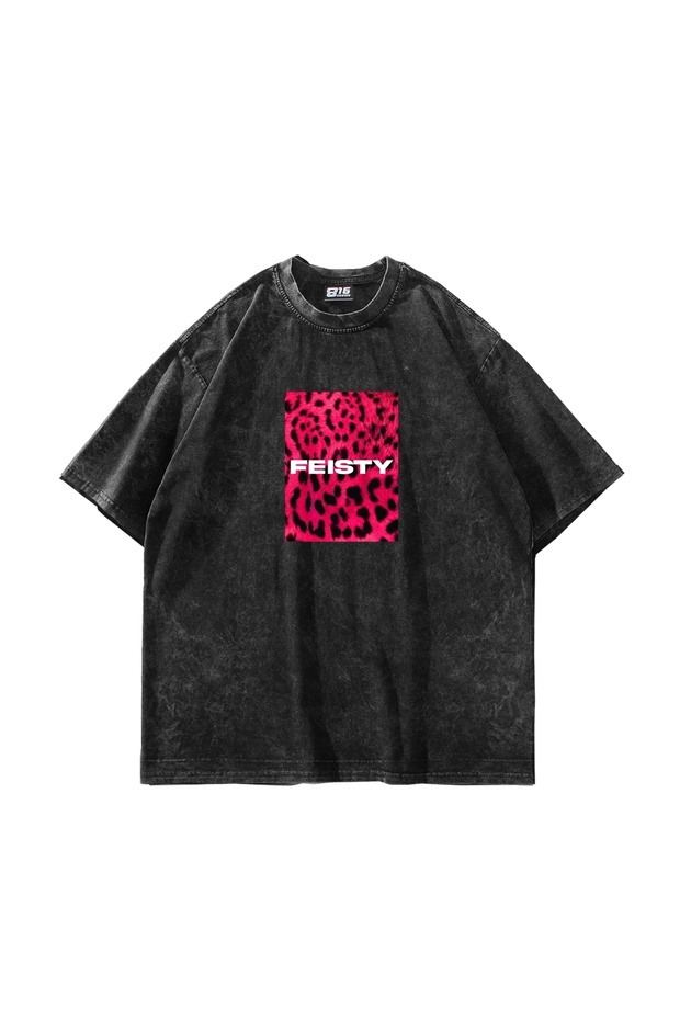 Feisty Printed Oversize Unisex Washable Black Tshirt