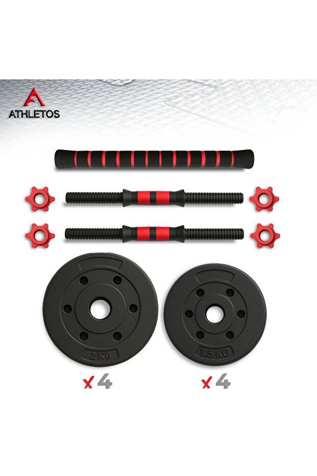 Set of 2 adjustable dumbbells, 15 kg, convertible into barbell with connecting bar, Red/Black - 6