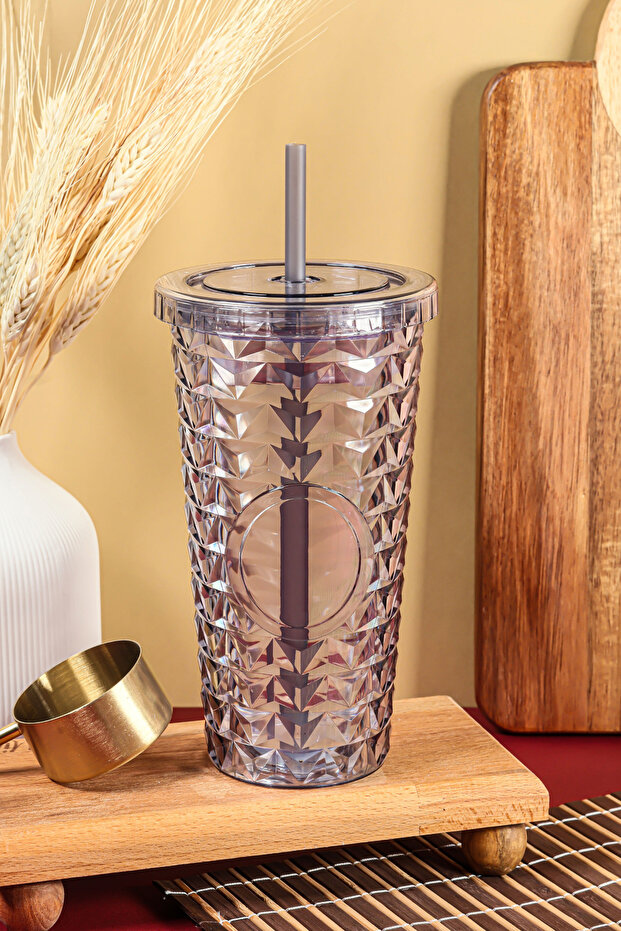 Pipetli Mika Bardak 750 ml - Kapaklı ve Pipetli İçecek ve Meşrubat Bardağı - 1