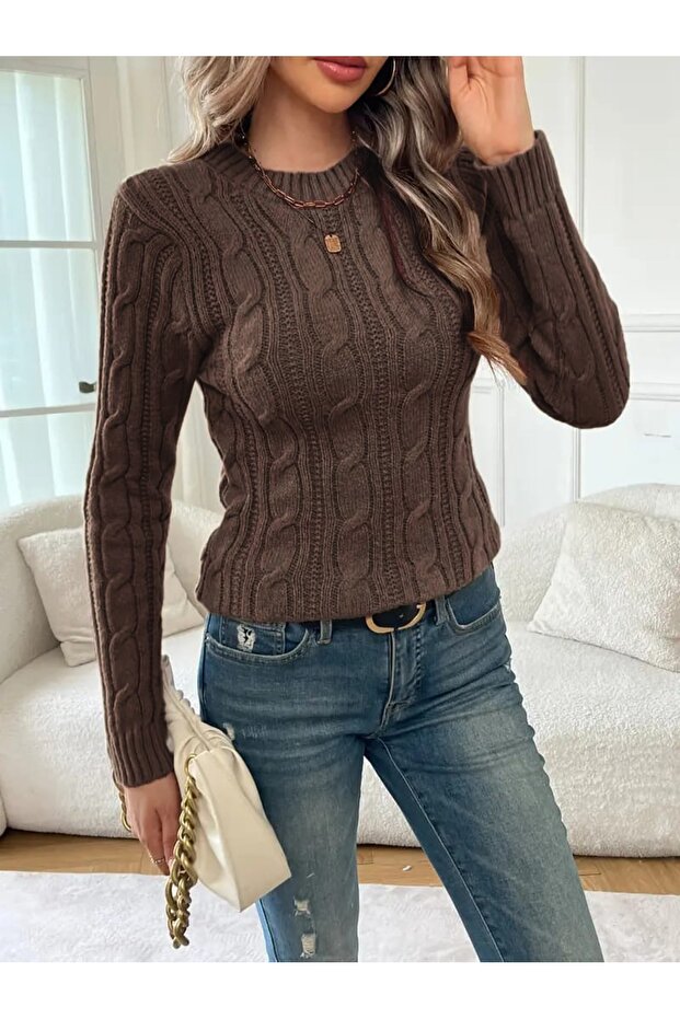 Crew Neck Hair Knit Pattern Women's Sweater