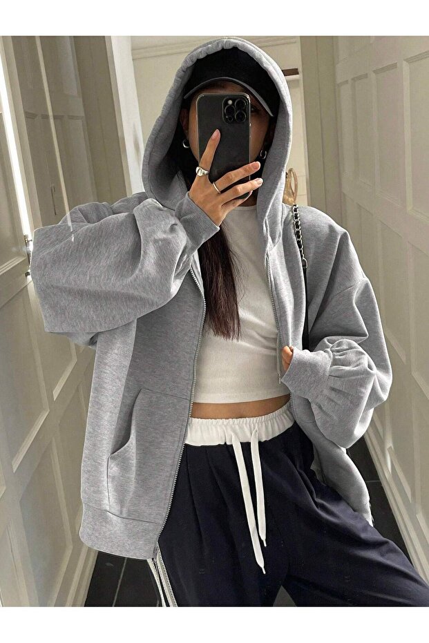 Women Zippered Hooded Sweatshirt