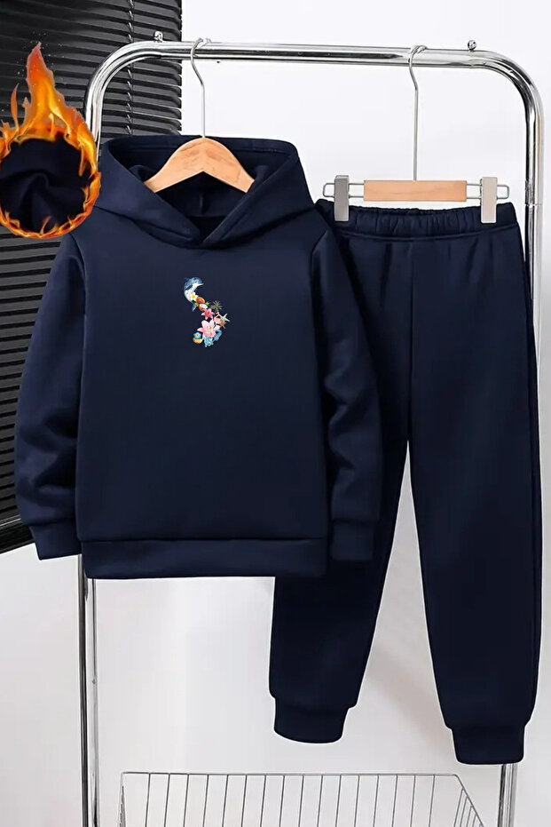 Kids Hooded Tracksuit Set – Navy Blue Floral Dolphin Printed Sweat & Jogger