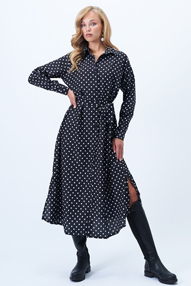 Women's Black Polka Dot Patterned Woven Viscon Shirt Dress Alc-X6247-1