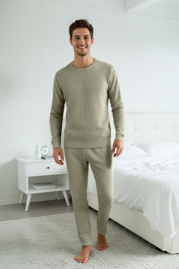 Açık Haki Erkek Waffle Reglan Kol Regular Fit Örme Erkek Pijama Takımı TMNAW23PT00015 - 2